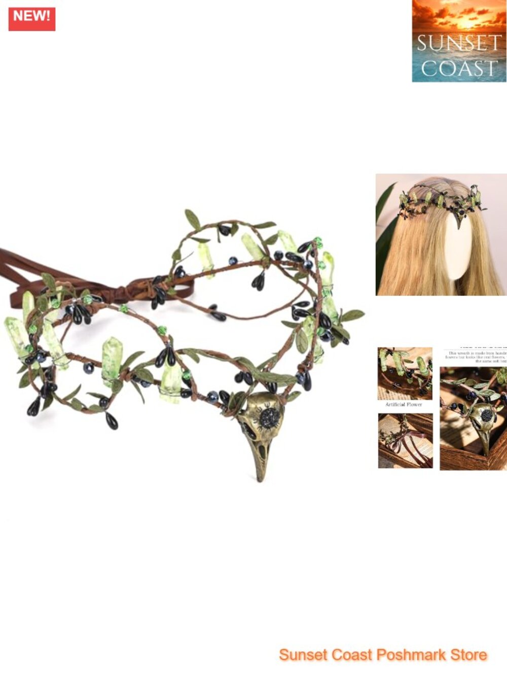 Raw Quartz Gothic Elf Crown Circlet Crystal Raven Headband Cosplay